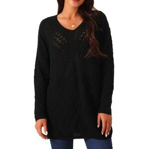 V Neck Long Sleeve Hollow Cable Knit Loose Casual Pullover Sweaters Black